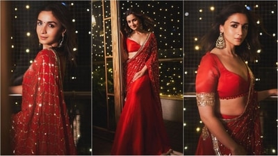 Alia Bhatt's Diwali look is all about glitz and glamour. The actress added sparkle to the festival as she looked like a patakha in a stunning red saree. Alia is not only ruling Bollywood but also the fashion and style charts. The National Award-winning actress continues to nail fashion goals like a pro, whether it's rewearing her wedding saree or her stunning Met Gala look. She is a total stunner and her latest look draped in a mesmerising six yards of grace will definitely leave you in awe. Scroll down to take some style notes from the diva. (Instagram/@stylebyami) Alia Bhatt's Diwali look is all about glitz and glamour. The actress added sparkle to the festival as she looked like a patakha in a stunning red saree. Alia is not only ruling Bollywood but also the fashion and style charts. The National Award-winning actress continues to nail fashion goals like a pro, whether it's rewearing her wedding saree or her stunning Met Gala look. She is a total stunner and her latest look draped in a mesmerising six yards of grace will definitely leave you in awe. Scroll down to take some style notes from the diva. (Instagram/@stylebyami)