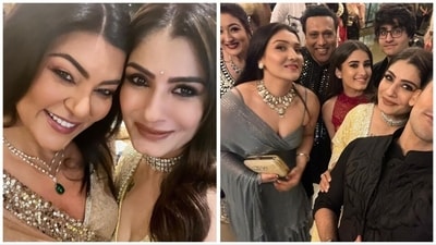 Raveena Tandon posed with Sushmita Sen, Govinda and family. Raveena Tandon posed with Sushmita Sen, Govinda and family.