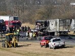 Emergency responders are on the scene of a fatal accident on Interstate 70 West in Licking County, Ohio, Tuesday, Nov. 14, 2023. An emergency official says a charter bus carrying students from a high school was rear-ended by a semi-truck on the Ohio highway. (WSYX/WTTE via AP) Emergency responders are on the scene of a fatal accident on Interstate 70 West in Licking County, Ohio, Tuesday, Nov. 14, 2023. An emergency official says a charter bus carrying students from a high school was rear-ended by a semi-truck on the Ohio highway. (WSYX/WTTE via AP)