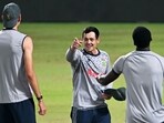 South Africa's Quinton de Kock (C) gestures during a practice session at the Eden Garden Cricket Stadium in Kolkata South Africa's Quinton de Kock (C) gestures during a practice session at the Eden Garden Cricket Stadium in Kolkata