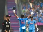 Shreyas Iyer celebrates his century during the ICC Men's Cricket World Cup India semifinal match between India and New Zealand at Wankhede Stadium Shreyas Iyer celebrates his century during the ICC Men's Cricket World Cup India semifinal match between India and New Zealand at Wankhede Stadium