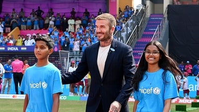 Football legend David Beckham attends the semi-final match between India and New Zealand (ICC Twitter) Football legend David Beckham attends the semi-final match between India and New Zealand (ICC Twitter)