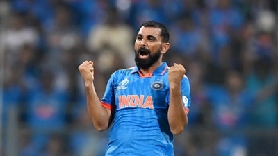 Mohammed Shami celebrates a dismissal of New Zealand during their match in the ICC Men's Cricket World Cup 2023, at Wankhede Stadium (ICC-X) Mohammed Shami celebrates a dismissal of New Zealand during their match in the ICC Men's Cricket World Cup 2023, at Wankhede Stadium (ICC-X)