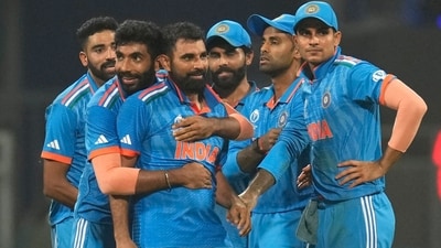 India's Mohammed Shami celebrates the wicket of New Zealand's Tom Latham during the ICC Men's Cricket World Cup first semifinal match between India and New Zealand in Mumbai, India, Wednesday (AP) India's Mohammed Shami celebrates the wicket of New Zealand's Tom Latham during the ICC Men's Cricket World Cup first semifinal match between India and New Zealand in Mumbai, India, Wednesday (AP)