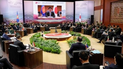 Japanese Defence Minister Minoru Kihara is seen on the screen as he attends the ASEAN-Japan Defense Ministers’ Informal Meeting online, in Jakarta. (Reuters)