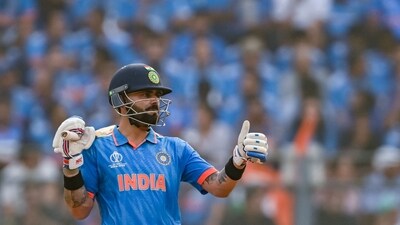 India's Virat Kohli gestures during the 2023 ICC Men's Cricket World Cup one-day international (ODI) first semi-final match between India and New Zealand at the Wankhede Stadium in Mumbai (AFP) India's Virat Kohli gestures during the 2023 ICC Men's Cricket World Cup one-day international (ODI) first semi-final match between India and New Zealand at the Wankhede Stadium in Mumbai (AFP)