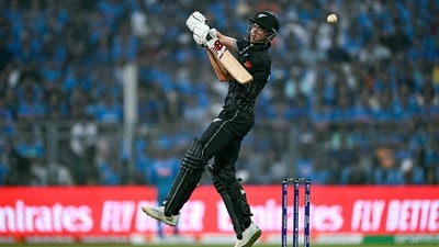 Mitchell Santner plays a shot during the 2023 ICC Men's Cricket World Cup one-day international (ODI) first semi-final match between India and New Zealand (AFP) Mitchell Santner plays a shot during the 2023 ICC Men's Cricket World Cup one-day international (ODI) first semi-final match between India and New Zealand (AFP)