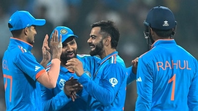 Virat Kohli (2R) celebrates with Shubman Gill (L), captain Rohit Sharma (2L) and KL Rahul after taking the wicket of Netherlands' captain Scott Edwards (AFP) Virat Kohli (2R) celebrates with Shubman Gill (L), captain Rohit Sharma (2L) and KL Rahul after taking the wicket of Netherlands' captain Scott Edwards (AFP)