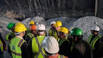 Members of rescue teams are pictured during a rescue operation after a portion of an under-construction tunnel collapsed in Uttarkash, Uttarakhand. (via REUTERS)
