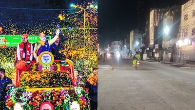 PM Modi in mega roadshow (L). Clean road hours after the rally (R). PM Modi in mega roadshow (L). Clean road hours after the rally (R).