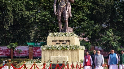 PM Modi with Jharkhand Governor CP Radhakrishnan and Chief Minister Hemant Soren and Union Tribal Affairs Minister Arjun Munda visits the Birsa Munda Museum on ‘Janjatiya Gaurav Divas.’ (PTI) PM Modi with Jharkhand Governor CP Radhakrishnan and Chief Minister Hemant Soren and Union Tribal Affairs Minister Arjun Munda visits the Birsa Munda Museum on ‘Janjatiya Gaurav Divas.’ (PTI)