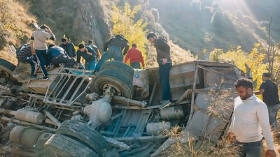 At least 30 people were killed and nearly two dozen injured after a passenger bus slid off a Himalayan highway and rolled down a steep slope onto another road in the Doda district of India-controlled Kashmir, approximately 200 kilometers (124 miles) southeast of Srinagar. (PTI) At least 30 people were killed and nearly two dozen injured after a passenger bus slid off a Himalayan highway and rolled down a steep slope onto another road in the Doda district of India-controlled Kashmir, approximately 200 kilometers (124 miles) southeast of Srinagar. (PTI)