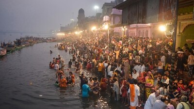 People take holy dip in River Yamuna on the occasion of Bhai Dooj or Yam Dwitiya, in Mathura. (PTI) People take holy dip in River Yamuna on the occasion of Bhai Dooj or Yam Dwitiya, in Mathura. (PTI)