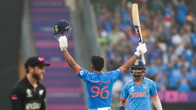 Shreyas Iyer celebrates his century during the ICC Men's Cricket World Cup India semifinal match between India and New Zealand at Wankhede Stadium (PTI) Shreyas Iyer celebrates his century during the ICC Men's Cricket World Cup India semifinal match between India and New Zealand at Wankhede Stadium (PTI)