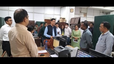 Postmaster general Krishna Kumar Yadav at Prayagraj head post office on Wednesday. (HT)