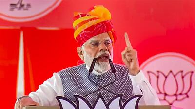 Prime Minister Narendra Modi in Barmer district of Rajasthan on Wednesday. (PTI) Prime Minister Narendra Modi in Barmer district of Rajasthan on Wednesday. (PTI)