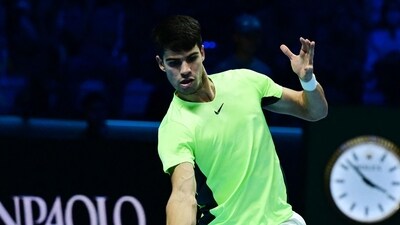Spain's Carlos Alcaraz returns the ball during his round-robin match against Russia's Andrey Rublev (AFP) Spain's Carlos Alcaraz returns the ball during his round-robin match against Russia's Andrey Rublev (AFP)
