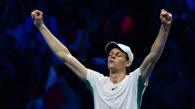 Italy's Jannik Sinner celebrates after winning his round-robin match against Serbia's Novak Djokovic on day 3 of the ATP Finals (AFP) Italy's Jannik Sinner celebrates after winning his round-robin match against Serbia's Novak Djokovic on day 3 of the ATP Finals (AFP)