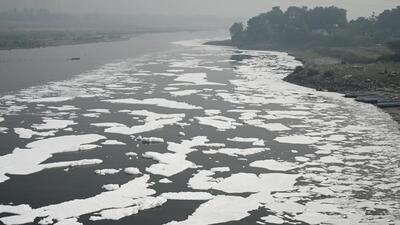 The highly polluted waters of the Yamuna with a thick white layer of toxic foam on the surface. Thousands of devotees will take a dip in the river on Chhath Puja, starting November 17. (Sunil Ghosh /HT Photo) The highly polluted waters of the Yamuna with a thick white layer of toxic foam on the surface. Thousands of devotees will take a dip in the river on Chhath Puja, starting November 17. (Sunil Ghosh /HT Photo)
