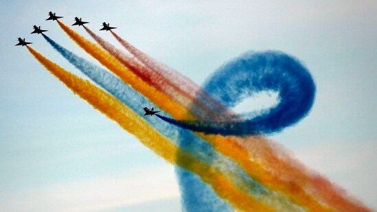 Frecce Tricolori (Tricolor Arrows), the Italian Air Force aerobatic display team, perform during the opening day of the Dubai Air Show, United Arab Emirates, Monday.(AP)