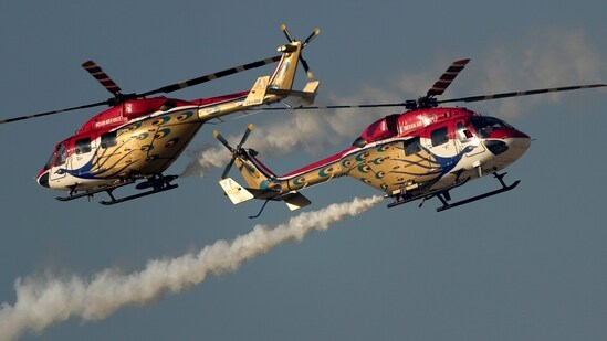 Sarang helicopter display team from India, perform during second day of the Dubai Air Show, United Arab Emirates.(AP)
