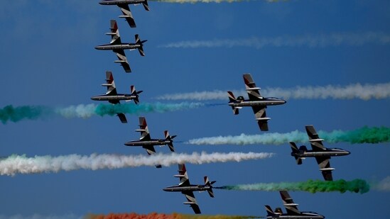Frecce Tricolori (Tricolor Arrows), the Italian Air Force aerobatic display team, perform during the opening day of the Dubai Air Show, United Arab Emirates, Monday.(AP)