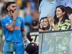 Virat Kohli blows a flying kiss to Anushka Sharma as she applauds his century during the semi-final match against New Zealand in the ICC Men's Cricket World Cup 2023. Virat Kohli blows a flying kiss to Anushka Sharma as she applauds his century during the semi-final match against New Zealand in the ICC Men's Cricket World Cup 2023.