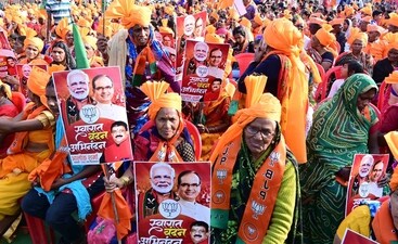The BJP’s publicity material has Prime Minister (PM) Narendra Modi typically towering above all others. (ANI)