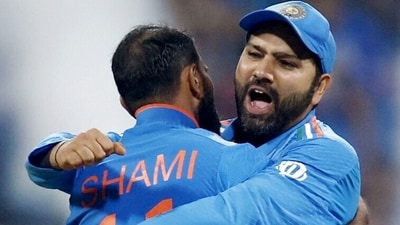 India's captain Rohit Sharma and Mohammad Shami celebrate the team's victory against New Zealand in the ICC Men's Cricket World Cup 2023, at Wankhede Stadium in Mumbai on Wednesday. (ICC/X) India's captain Rohit Sharma and Mohammad Shami celebrate the team's victory against New Zealand in the ICC Men's Cricket World Cup 2023, at Wankhede Stadium in Mumbai on Wednesday. (ICC/X)
