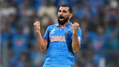 Mohammed Shami celebrates a dismissal of New Zealand during their match in the ICC Men's Cricket World Cup 2023, at Wankhede Stadium (ICC-X)