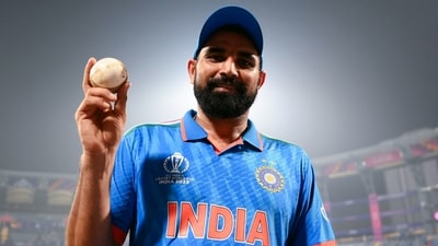 India's Mohammed Shami poses for a picture with the ball after the team's victory against New Zealand (ICC Twitter) India's Mohammed Shami poses for a picture with the ball after the team's victory against New Zealand (ICC Twitter)