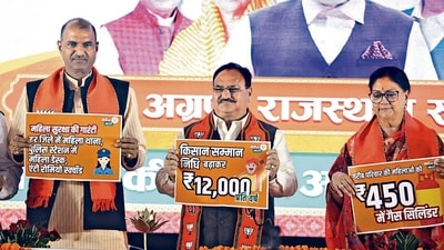 BJP chief JP Nadda with senior party leaders Vasundhara Raje and CP Joshi releasing the party’s manifesto in Jaipur on Thursday. (ANI) BJP chief JP Nadda with senior party leaders Vasundhara Raje and CP Joshi releasing the party’s manifesto in Jaipur on Thursday. (ANI)
