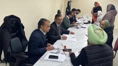 Indo-Canadian pensions at a life certificate camp at the Khalsa Diwan Society gurdwara in Abbotsford, British Columbia, on Monday. (Source: India in Vancouver/X) Indo-Canadian pensions at a life certificate camp at the Khalsa Diwan Society gurdwara in Abbotsford, British Columbia, on Monday. (Source: India in Vancouver/X)