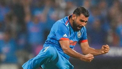 Mohammed Shami celebrates after taking a wicket in the ICC Men's Cricket World Cup 2023 first semi-final match between India and New Zealand. (PTI) Mohammed Shami celebrates after taking a wicket in the ICC Men's Cricket World Cup 2023 first semi-final match between India and New Zealand. (PTI)