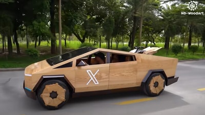 A ‘Tesla Cybertruck’ created using wood. (YouTube/@NDWoodArt) A ‘Tesla Cybertruck’ created using wood. (YouTube/@NDWoodArt)