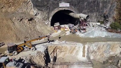 A drone view of rescue operations underway at the Uttarkashi tunnel for the 5th day in Uttarkashi on Thursday. (ANI) A drone view of rescue operations underway at the Uttarkashi tunnel for the 5th day in Uttarkashi on Thursday. (ANI)