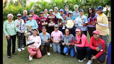 Winners of 29th Punjab Open Ladies Amateur Golf Championship with their awards at Chandigarh Golf Club on Thursday. (Ravi Kumar/HT) Winners of 29th Punjab Open Ladies Amateur Golf Championship with their awards at Chandigarh Golf Club on Thursday. (Ravi Kumar/HT)