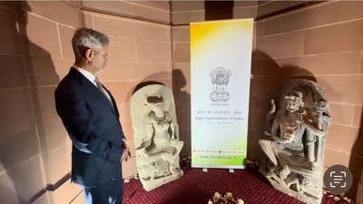 External affairs minister S participating in the return to India of the stone idols of Yogini Chamunda and Gomukhi. (X / @DrSJaishankar)