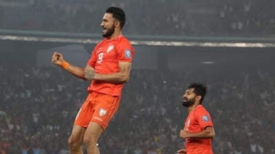Manvir leaps in the air after scoring against Kuwait Manvir leaps in the air after scoring against Kuwait