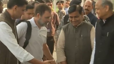 Flanked by Sachin Pilot and Ashok Gehlot, Rahul Gandhi sent a message of unity as he reached Jaipur on Thursday. Flanked by Sachin Pilot and Ashok Gehlot, Rahul Gandhi sent a message of unity as he reached Jaipur on Thursday.