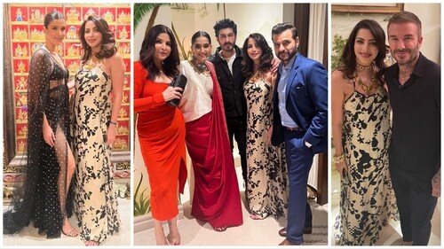 Shanaya Kapoor, Antara Motiwala, Maheep Kapoor, Sanjay Kapoor and others met David Beckham at Sonam Kapoor's bash. Shanaya Kapoor, Antara Motiwala, Maheep Kapoor, Sanjay Kapoor and others met David Beckham at Sonam Kapoor's bash.