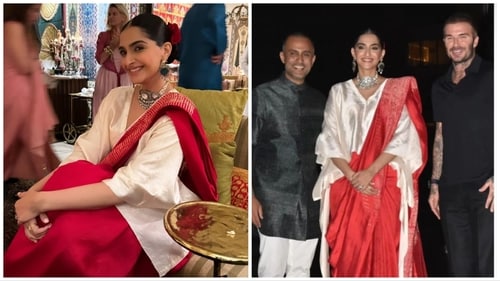 Sonam Kapoor wore a red saree for the party. Sonam Kapoor wore a red saree for the party.