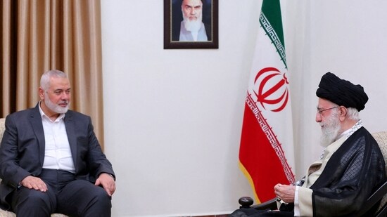Iran's Supreme Leader Ayatollah Ali Khamenei meets with Palestinian group Hamas' top leader, Ismail Haniyeh, in Tehran, Iran.