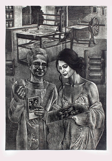 Artist Sushma Yadav's etching, Me and My Mentor is part of this show. Artist Sushma Yadav's etching, Me and My Mentor is part of this show.