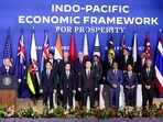 U.S. President Joe Biden delivers remarks as Japan's Prime Minister Fumio Kishida, Australia's Prime Minister Anthony Albanese, Srettha Thavisin, Prime Minister of Thailand, Brunei's Prime Minister Hassanal Bolkiah, Indonesia's President Joko Widodo, President of South Korea Yoon Suk Yeol, India's Union Commerce and Industry Minister Piyush Goyal, New Zealand's Trade Minister Damien O'Connor, Singapore's Prime Minister Lee Hsien Loong, Malaysia's Prime Minister Anwar Ibrahim, Philippines' President Bongbong Marcos, President of Vietnam Vo Van Thuong and Fiji's Prime Minister Sitiveni Rabuka attend the Indo-Pacific Economic Framework (IPEF) Leaders event at the Asia-Pacific Economic Cooperation (APEC) CEO Summit in San Francisco, California, U.S. November 16, 2023.