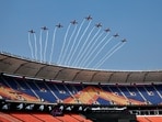 Indian Air Force Surya Kiran aircrafts perform an aerobatic display over the Narendra Modi Stadium in Ahmedabad during a rehearsal ahead of the 2023 ICC Men's Cricket World Cup. (AFP) Indian Air Force Surya Kiran aircrafts perform an aerobatic display over the Narendra Modi Stadium in Ahmedabad during a rehearsal ahead of the 2023 ICC Men's Cricket World Cup. (AFP)