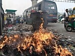 New Delhi, India - Nov. 15, 2023: Smoke rises from the smoldering fire of burning garbage near Anand Vihar Metro Station, in New Delhi, India, on Wednesday, November 15, 2023. (Photo by Sanjeev Verma/ Hindustan Times) (Hindustan Times) New Delhi, India - Nov. 15, 2023: Smoke rises from the smoldering fire of burning garbage near Anand Vihar Metro Station, in New Delhi, India, on Wednesday, November 15, 2023. (Photo by Sanjeev Verma/ Hindustan Times) (Hindustan Times)
