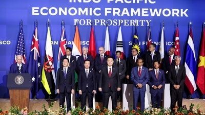 U.S. President Joe Biden delivers remarks as Japan's Prime Minister Fumio Kishida, Australia's Prime Minister Anthony Albanese, Srettha Thavisin, Prime Minister of Thailand, Brunei's Prime Minister Hassanal Bolkiah, Indonesia's President Joko Widodo, President of South Korea Yoon Suk Yeol, India's Union Commerce and Industry Minister Piyush Goyal, New Zealand's Trade Minister Damien O'Connor, Singapore's Prime Minister Lee Hsien Loong, Malaysia's Prime Minister Anwar Ibrahim, Philippines' President Bongbong Marcos, President of Vietnam Vo Van Thuong and Fiji's Prime Minister Sitiveni Rabuka attend the Indo-Pacific Economic Framework (IPEF) Leaders event at the Asia-Pacific Economic Cooperation (APEC) CEO Summit in San Francisco, California, U.S. November 16, 2023. (REUTERS)