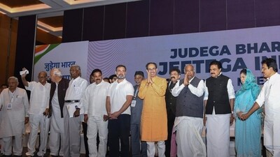 Congress President Mallikarjun Kharge, party leader Rahul Gandhi, Shiv Sena (Uddhav Balasaheb Thackeray) chief Uddhav Thackeray, Jammu and Kashmir People's Democratic Party (JKPDP) chief Mehbooba Mufti and others during a press conference after the Opposition's Indian National Developmental Inclusive Alliance (INDIA) bloc leaders meeting, at the Hyatt Hotel, in Mumbai. (ANI) Congress President Mallikarjun Kharge, party leader Rahul Gandhi, Shiv Sena (Uddhav Balasaheb Thackeray) chief Uddhav Thackeray, Jammu and Kashmir People's Democratic Party (JKPDP) chief Mehbooba Mufti and others during a press conference after the Opposition's Indian National Developmental Inclusive Alliance (INDIA) bloc leaders meeting, at the Hyatt Hotel, in Mumbai. (ANI)
