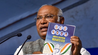 Congress president Mallikarjun Kharge addresses a gathering after releasing the party's manifesto, in Hyderabad, Friday. (PTI) Congress president Mallikarjun Kharge addresses a gathering after releasing the party's manifesto, in Hyderabad, Friday. (PTI)